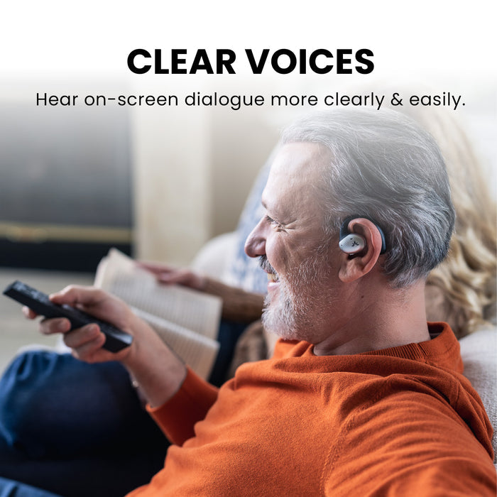 Medley Pebble Open-Ear Wireless TV earbuds for seniors with Clear Voice and on-screen dialogue for clearer audio.
