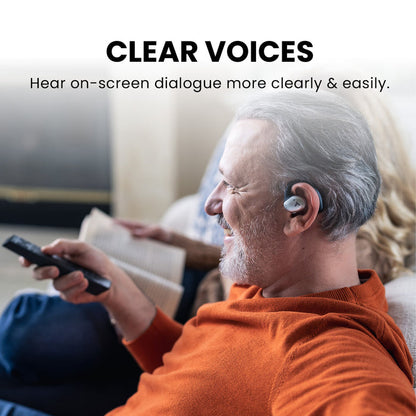 Medley Pebble Open-Ear Wireless TV earbuds for seniors with Clear Voice and on-screen dialogue for clearer audio.
