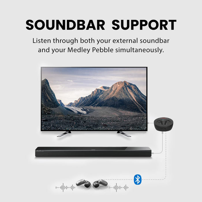 Medley Pebble Open-Ear Wireless TV earbuds for seniors with AUX and optical pass-through, enabling simultaneous audio through earbuds and soundbar.