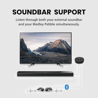 Medley Pebble Open-Ear Wireless TV earbuds for seniors with AUX and optical pass-through, enabling simultaneous audio through earbuds and soundbar.