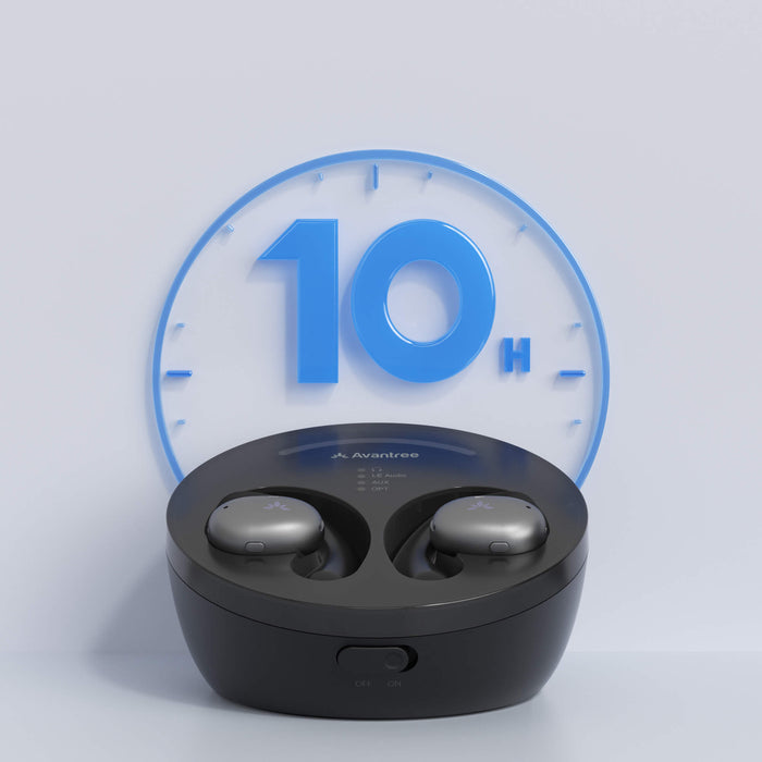 Medley Pebble Open-Ear Wireless TV earbuds for seniors with up to 10 hours of continuous use.