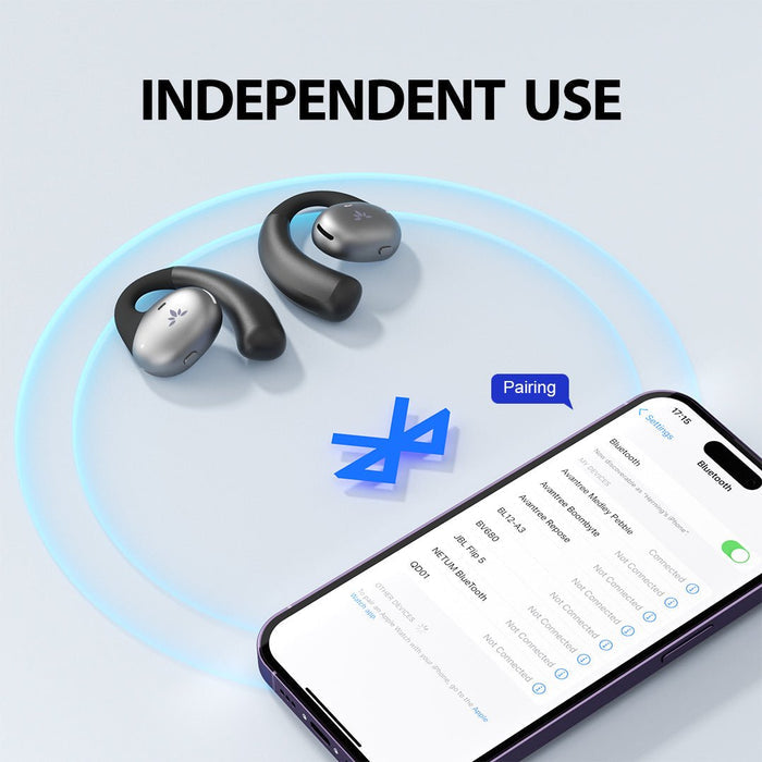 Medley Pebble Open-Ear Wireless TV earbuds for seniors, independent use with Bluetooth to phone and other Bluetooth-enabled devices.