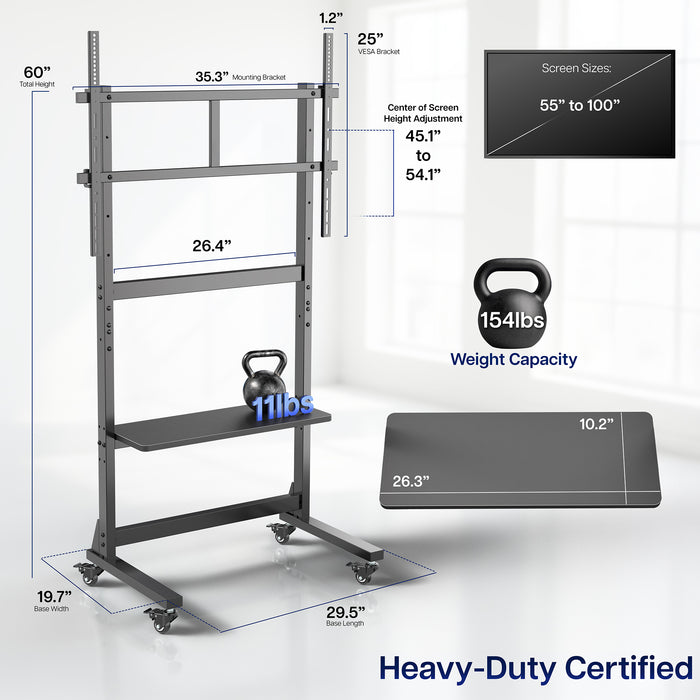 55"-100" TV Heavy Duty Mobile TV Cart with Storage Shelf Measurements and Weight Capacity
