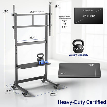 55"-100" TV Heavy Duty Mobile TV Cart with Storage Shelf Measurements and Weight Capacity