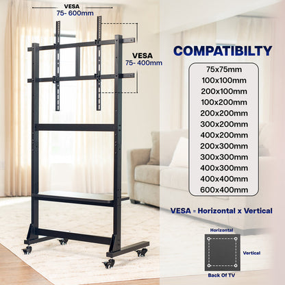 TV Heavy Duty Mobile TV Cart with Storage Shelf VESA compatibility