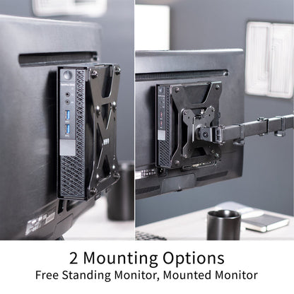 Two views of the Mount Designed for Dell OptiPlex Micro mounted, one free standing and one mounted on a monitor mount.
