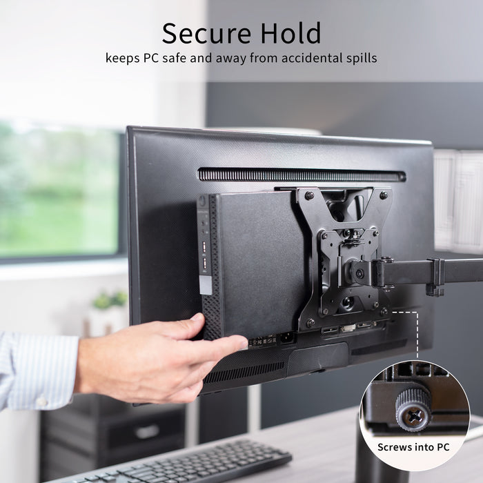 Mount Designed for Dell OptiPlex Micro with secure hold featured on a desk, showing screws into PC.
