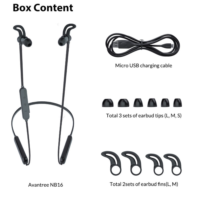 NB16 Bluetooth Neckband Headphones, includes earbuds, ear tips, fins, and a USB charging cable.