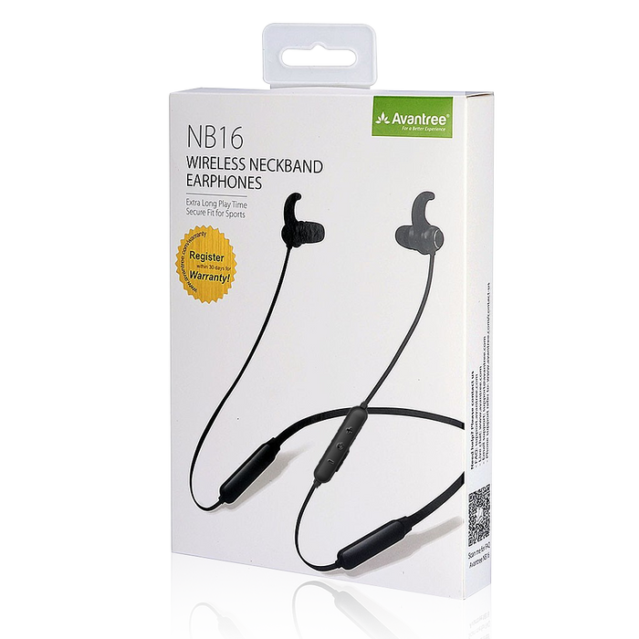 NB16 Bluetooth Neckband Headphones, includes earbuds, ear tips, fins, and a USB charging cable.