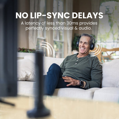 Opera Plus Wireless TV Headphones with Clear Dialogue and Boosted Volume for seniors, with low latency under 30 ms, no lip-sync delay