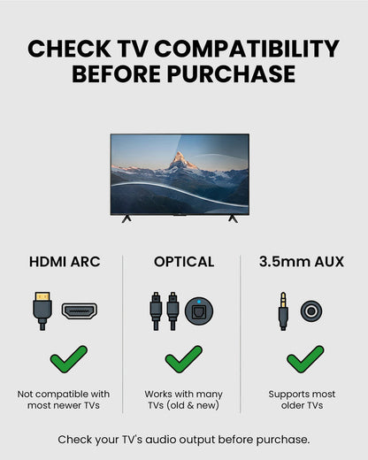Opera Plus Wireless TV Headphones with Clear Dialogue and Boosted Volume for seniors, compatible with TV optical, 3.5 mm AUX, and HDMI ARC inputs.