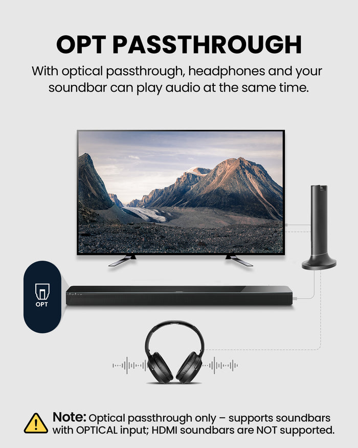Opera Aura Wireless Auracast Headphones for TV with Clear Voice and Volume Boost, supports optical and AUX inputs with soundbar passthrough for simultaneous playback. HMDI  soundbar not supported
