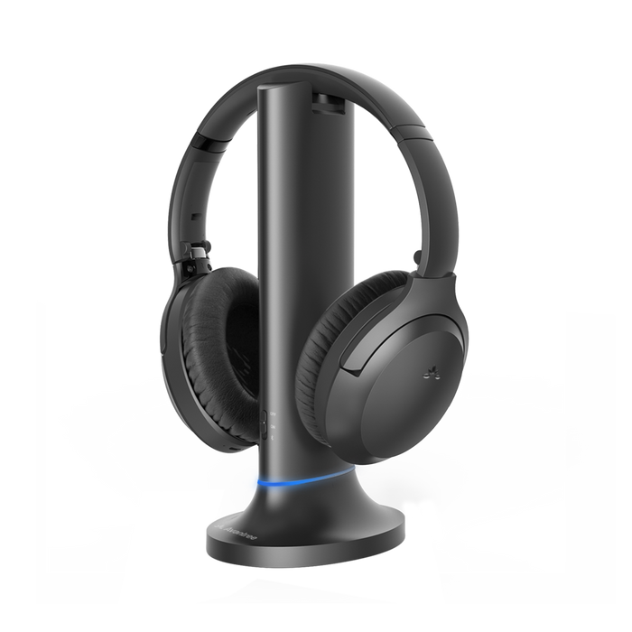 Opera Wireless Headphones for TV with transmitter and charging dock, supports optical and 3.5 mm AUX input with soundbar pass-through feature.