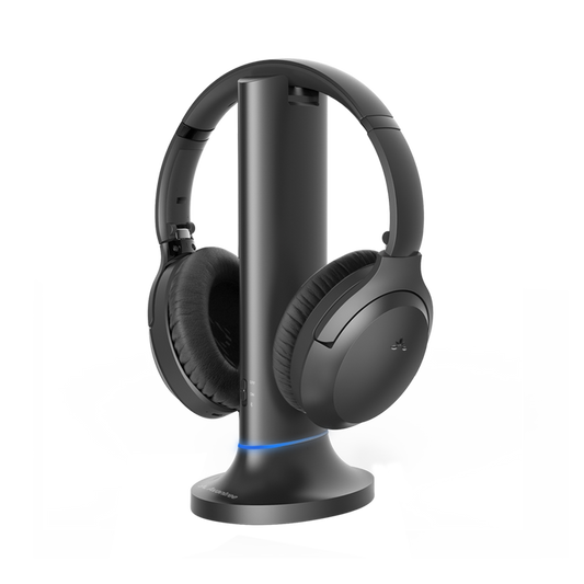 Opera Wireless Headphones for TV with transmitter and charging dock, supports optical and 3.5 mm AUX input with soundbar pass-through feature.