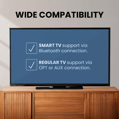 Wireless TV transmitter for seniors and shared audio, supporting optical, 3.5 mm AUX, and Bluetooth-enabled TVs, with soundbar pass-through feature.