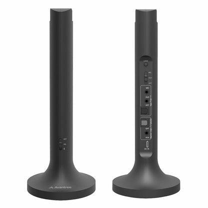 Opera Wireless TV Headphones with transmitter and charging dock, featuring on/off switch, mic input, optical and AUX inputs, and bypass support.