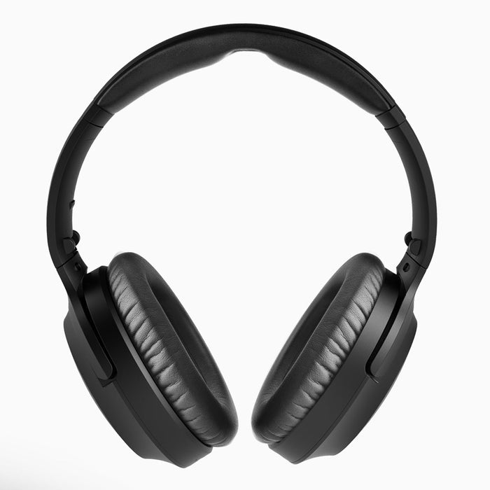 Opera Wireless TV Headphones with transmitter and charging dock, featuring independent volume control, on/off switch, and EQ modes for Balanced and Clear Voice sound.