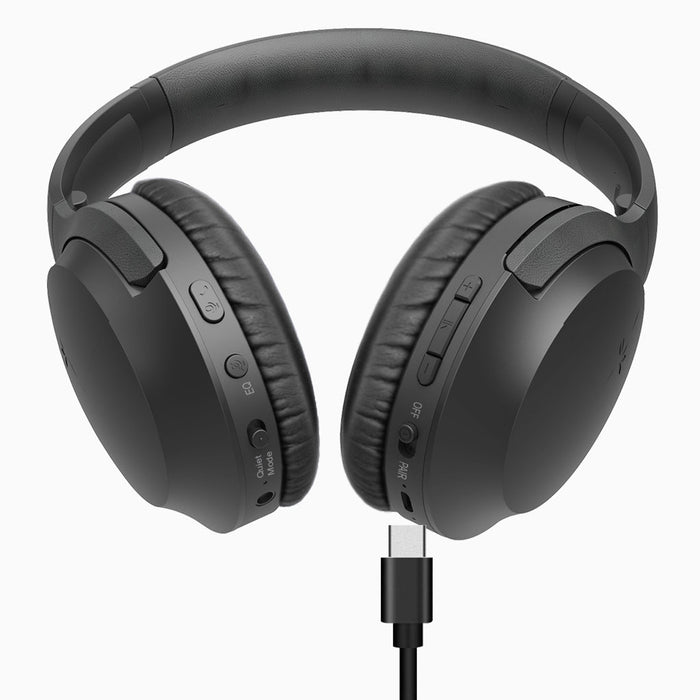 Opera Wireless TV Headphones with transmitter and charging dock, featuring independent volume control, on/off switch, EQ modes: Balanced and Clear Voice, with USB-C charging port.