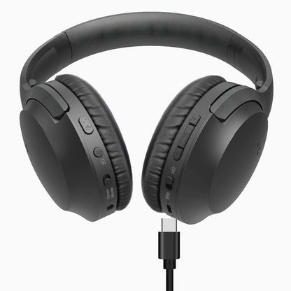Opera Wireless TV Headphones with transmitter and charging dock, featuring independent volume control, on/off switch, EQ modes: Balanced and Clear Voice, with USB-C charging port.