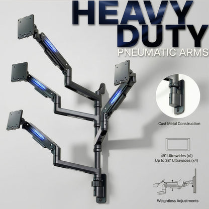 Quad Ultrawide Heavy Duty Pneumatic Arm Wall Monitor Mount