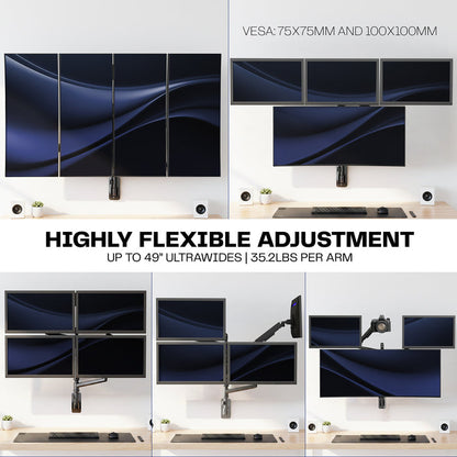 Quad Ultrawide Heavy Duty Pneumatic Arm Wall Monitor Mount Highly Flexible Adjustments