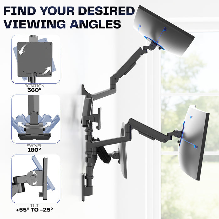 Quad Ultrawide Heavy Duty Pneumatic Arm Wall Monitor Mount rotation, swivel, and tilt