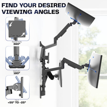 Quad Ultrawide Heavy Duty Pneumatic Arm Wall Monitor Mount rotation, swivel, and tilt