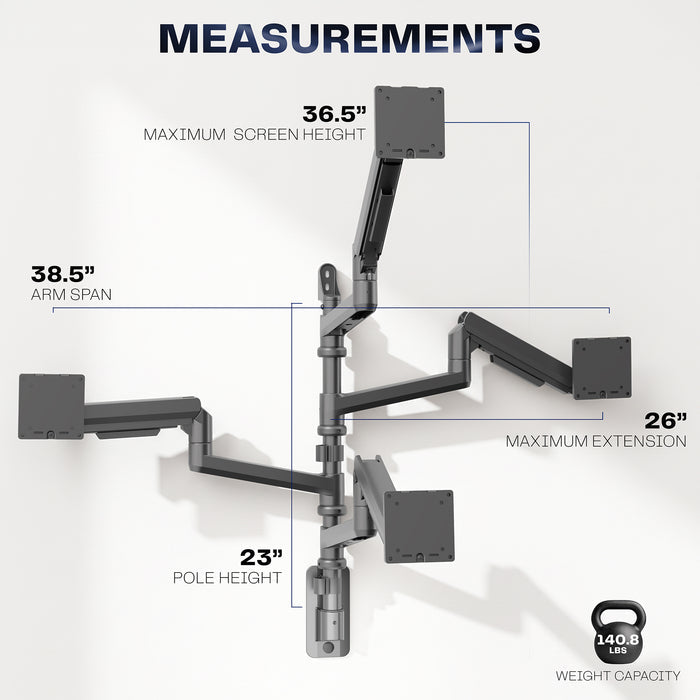 Quad Ultrawide Heavy Duty Pneumatic Arm Wall Monitor Mount measurements