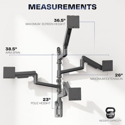 Quad Ultrawide Heavy Duty Pneumatic Arm Wall Monitor Mount measurements