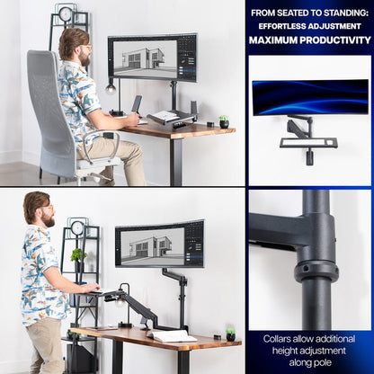 Collage of a person using a height-adjustable monitor and keyboard tray wall mount with text highlighting productivity benefits.