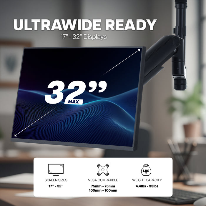 Pneumatic Arm Single Ultrawide Upside Down Monitor Mount - 17" to 32" Screens