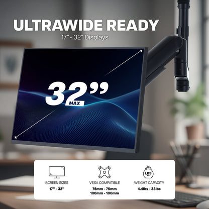 Pneumatic Arm Single Ultrawide Upside Down Monitor Mount - 17" to 32" Screens