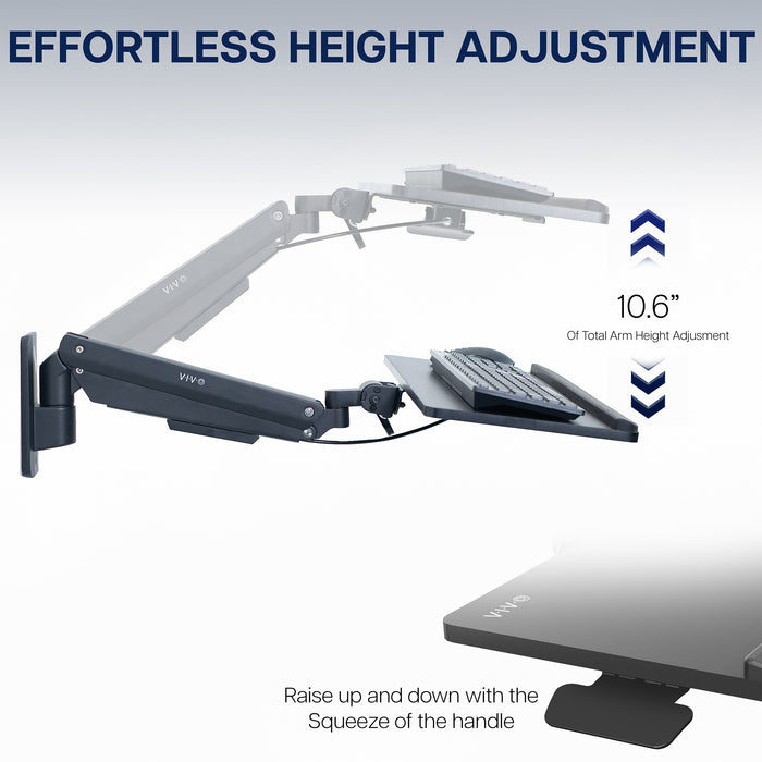 Pneumatic Wall Mounted Keyboard Tray with height adjustment features on a white background.