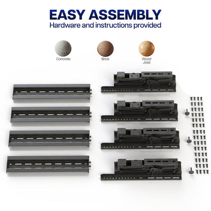 Black metal TV mounting brackets and screws laid out on a white background with text reading 'EASY ASSEMBLY' and small color circles labeled Concrete, Brick, and Wood Veneer.