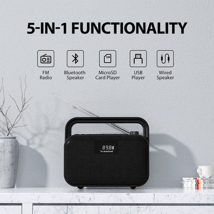 PowerByte Portable Bluetooth Radio Speaker, 5-in-1 functionality with FM radio, Bluetooth speaker, USB, MicroSD card, and wired speaker.