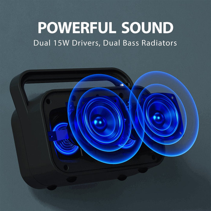 PowerByte Portable Bluetooth Radio Speaker. Featuring dual 15W drivers with dual bass radiator for powerful sound.