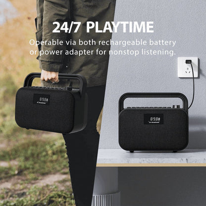 PowerByte Portable Bluetooth Radio Speaker, up to 20 hours battery playtime or continuous use when plugged in.