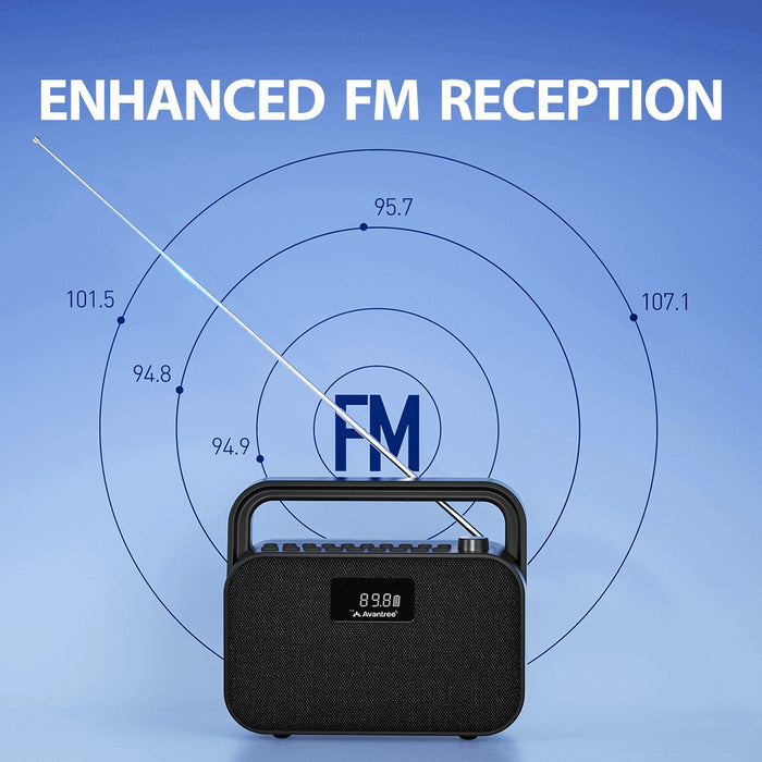 PowerByte Portable Bluetooth Radio Speaker, clear FM reception with extended antenna for enhance, uninterrupted, clear radio listening.