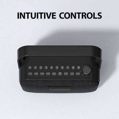 PowerByte Portable Bluetooth Radio Speaker with intuitive controls, large knob, LCD screen, and labeled buttons for easy FM use.