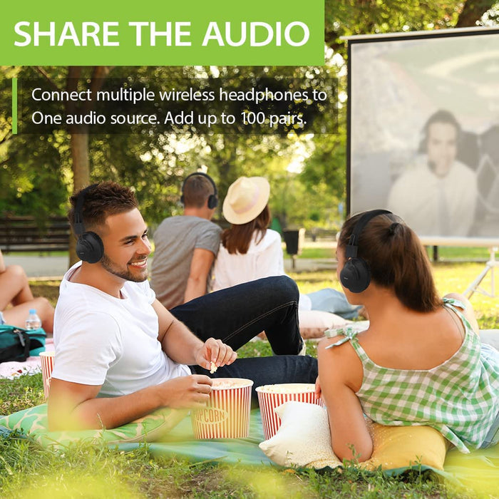 Quartet Wireless Broadcasting Set for Parties and Outdoor Activities, connect up to 100 headphones for group listening.
