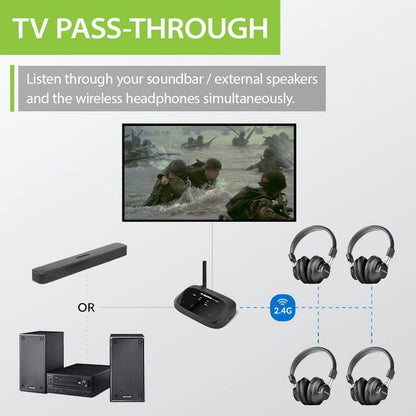 Quartet Wireless Broadcasting Set for Parties and Outdoor Activities, soundbar passthrough supports simultaneous headphone and soundbar audio.
