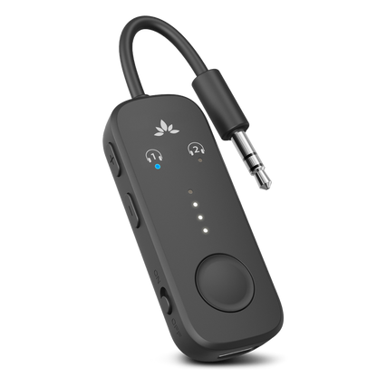 Relay Bluetooth Adapter for Airplanes, connects to airplane seatback screens via 3.5mm AUX and streams audio to Bluetooth headphones.