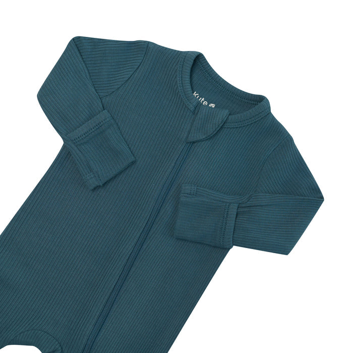 Close up of the zipper garage and fold over hand cuffs on the Ribbed Zipper Footie in Atlantic