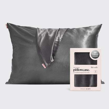 KITSCH Charcoal Standard Satin Pillowcase — hero shot — smooth charcoal satin fabric
