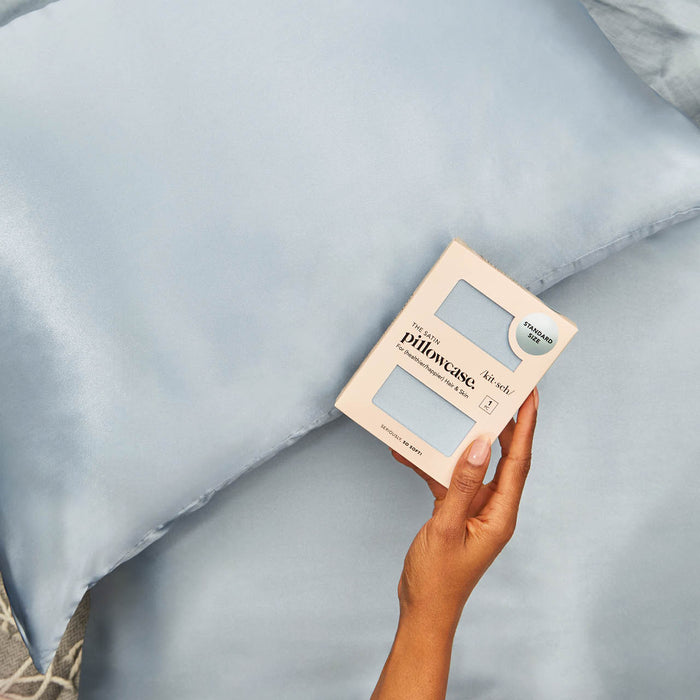 Model with KITSCH Haze Blue King Satin Pillowcase 2 Pack
