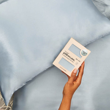 Model with KITSCH Haze Blue King Satin Pillowcase 2 Pack