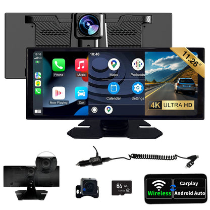 SCUMAXCON 11.26" Portable Car Stereo Wireless CarPlay Android Auto Airplay Android Cast 4K Dash Cam with Backup Cam IPS Touchscreen Loop Recording GPS Navigation Bluetooth USB AUX Built-in Speaker