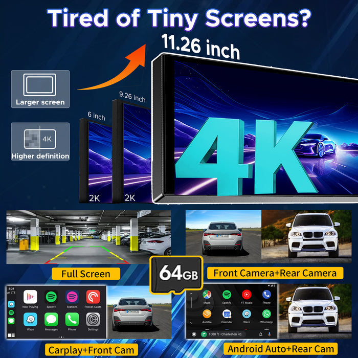 SCUMAXCON 11.26" Portable Car Stereo Wireless CarPlay Android Auto Airplay Android Cast 4K Dash Cam with Backup Cam IPS Touchscreen Loop Recording GPS Navigation Bluetooth USB AUX Built-in Speaker