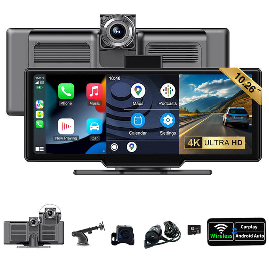 SCUMAXCON Portable Car Stereo Wireless CarPlay Android Auto 4K Dash Cam with Backup Cam Airplay Android Cast 10.26" IPS Touch Screen Loop Recording GPS Navigation Bluetooth FM AUX Built in Speaker