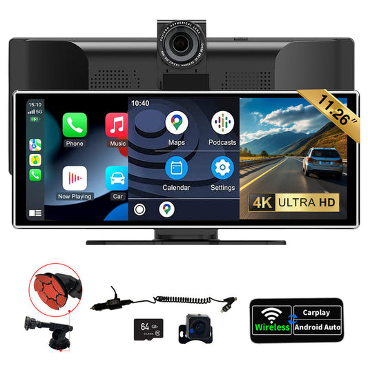 SCUMAXCON Portable Car Stereo Wireless CarPlay Android Auto 4K Dash Cam with Backup Cam Airplay 11.26" IPS Touchscreen Loop Recording GPS Navigation Bluetooth FM AUX Built in Speaker Miracast
